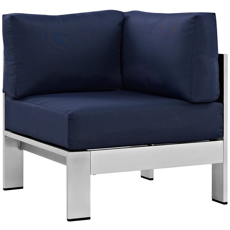 Modway Shore 7-Piece Outdoor Patio Aluminum Sectional Sofa Set in Silver/Navy
