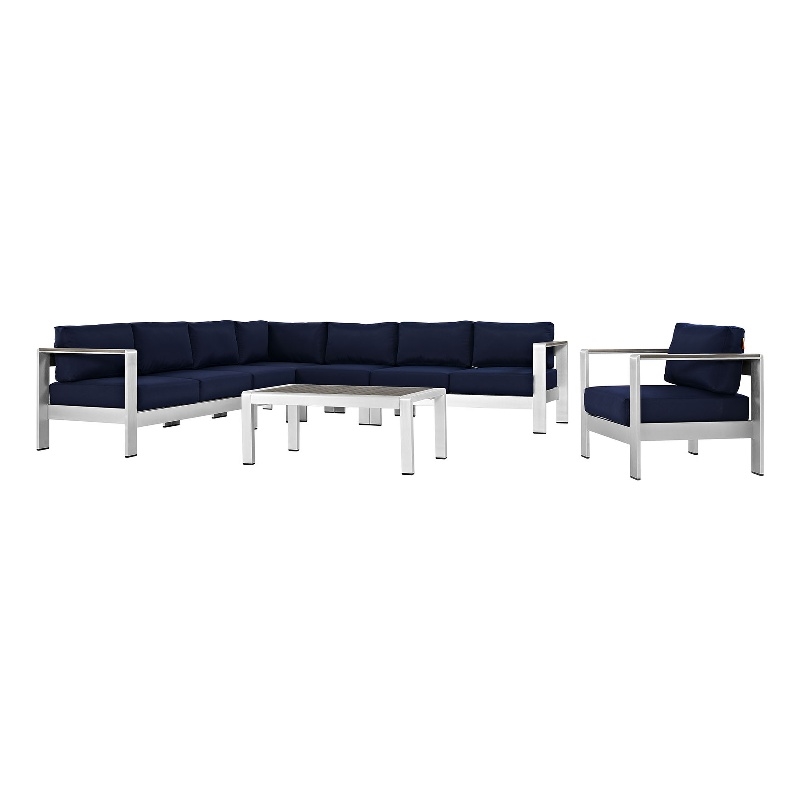 Modway Shore 7-Piece Outdoor Patio Aluminum Sectional Sofa Set in Silver/Navy