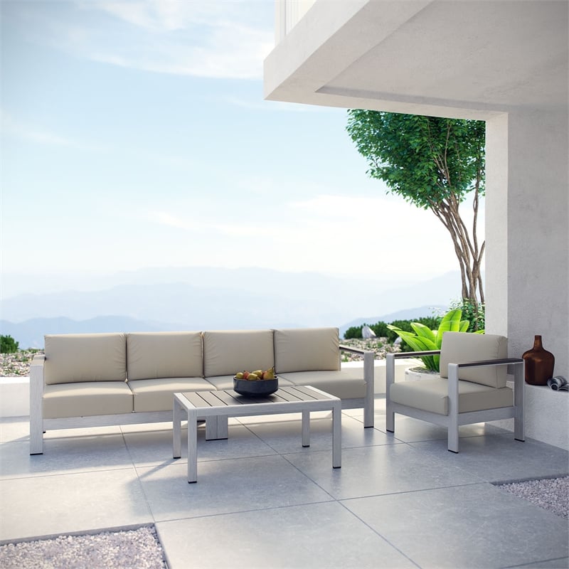 Modway Shore 4-Piece Outdoor Patio Aluminum Sectional Sofa Set in Silver/Beige