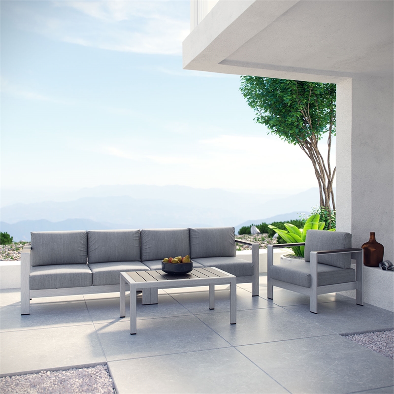 Modway Shore 4-Piece Outdoor Patio Aluminum Sectional Sofa Set in Silver/Gray