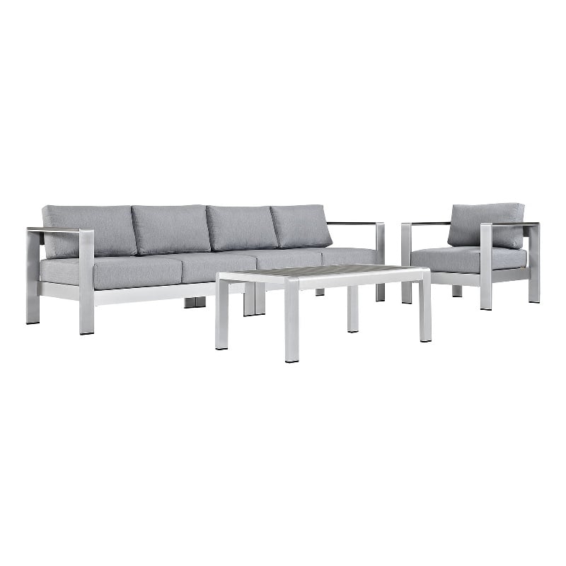 Modway Shore 4-Piece Outdoor Patio Aluminum Sectional Sofa Set in Silver/Gray