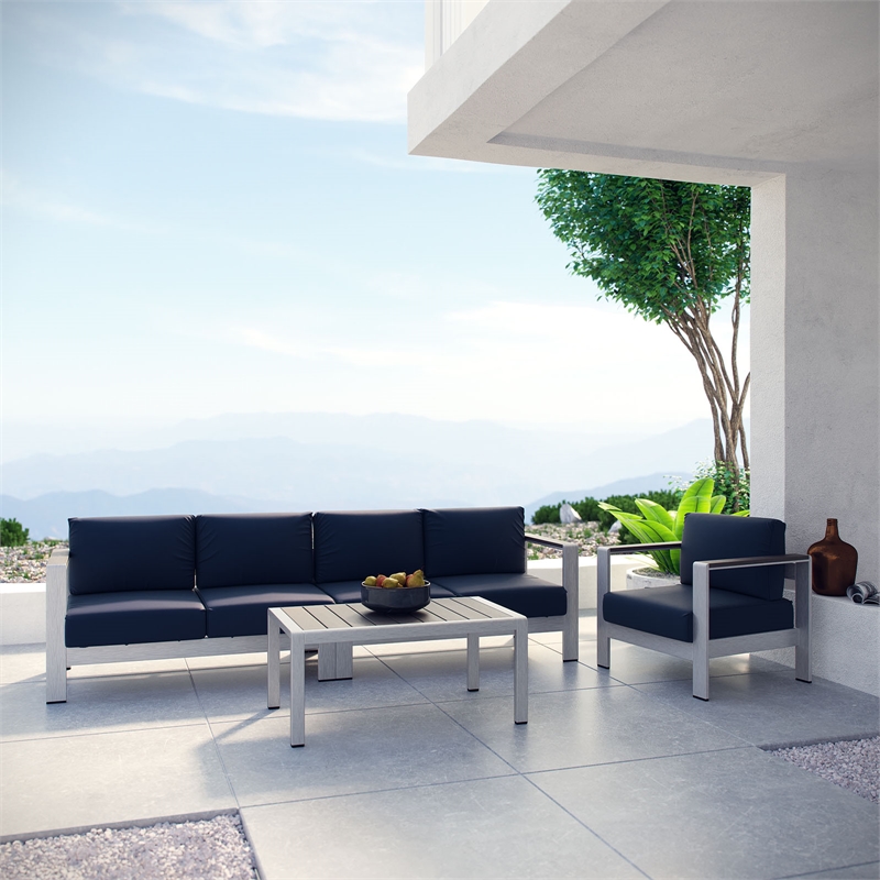 Modway Shore 4-Piece Outdoor Patio Aluminum Sectional Sofa Set in Silver/Navy