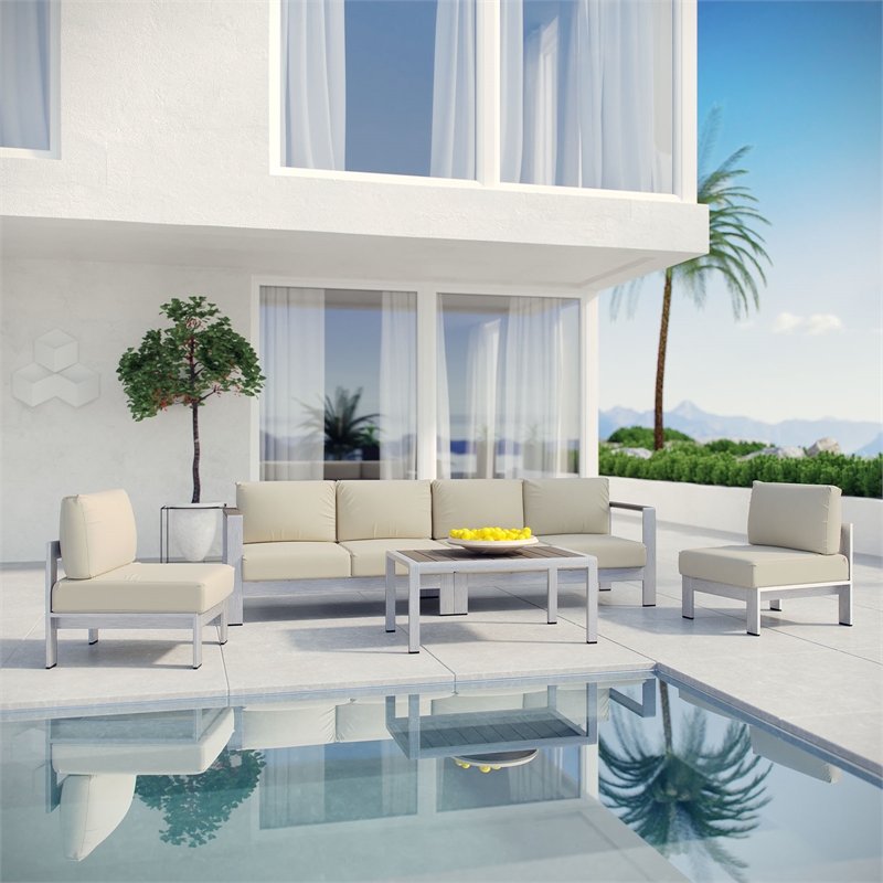 Modway Shore 5-Piece Outdoor Patio Aluminum Sectional Sofa Set in Silver/Beige