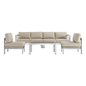 Modway Shore 5-Piece Outdoor Patio Aluminum Sectional Sofa Set in Silver/Beige