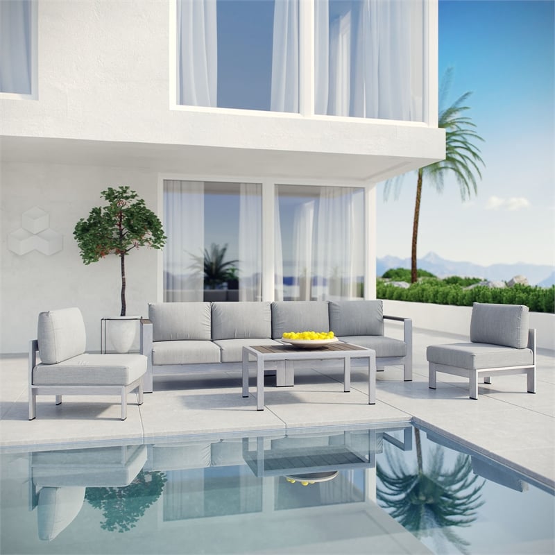 Modway Shore 5-Piece Outdoor Patio Aluminum Sectional Sofa Set in Silver/Gray