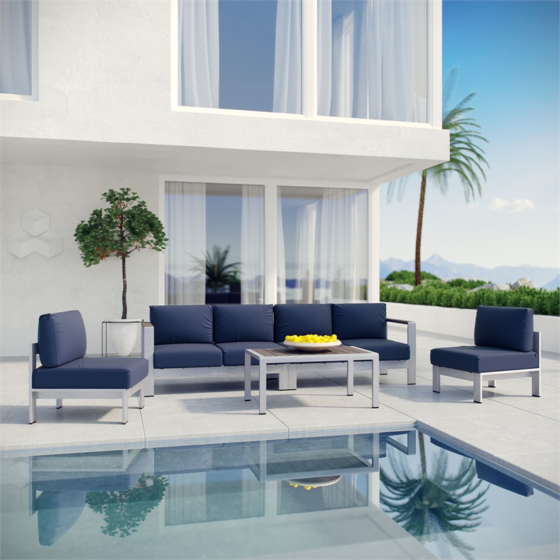 Modway Shore 5-Piece Outdoor Patio Aluminum Sectional Sofa Set in Silver/Navy