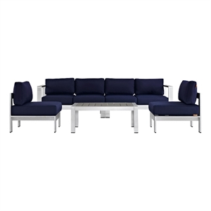 Modway Shore 5-Piece Outdoor Patio Aluminum Sectional Sofa Set in Silver/Navy