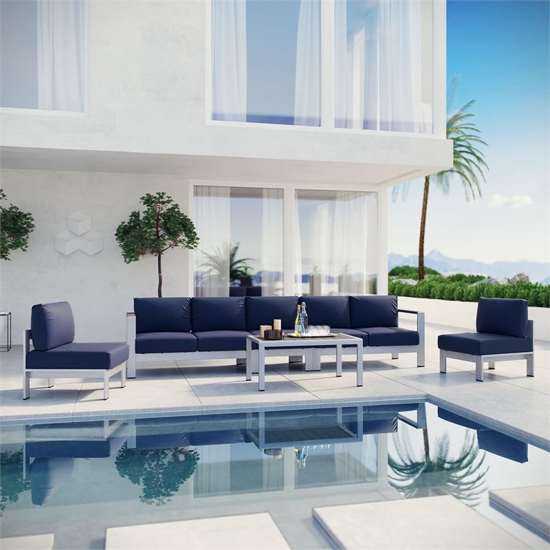 Modway Shore 6-Piece Outdoor Patio Aluminum Sectional Sofa Set in Silver/Navy