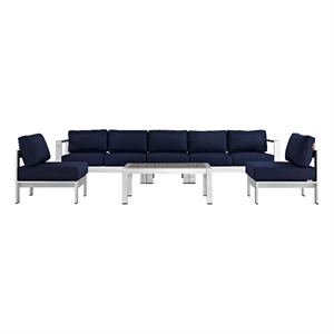 Modway Shore 6-Piece Outdoor Patio Aluminum Sectional Sofa Set in Silver/Navy