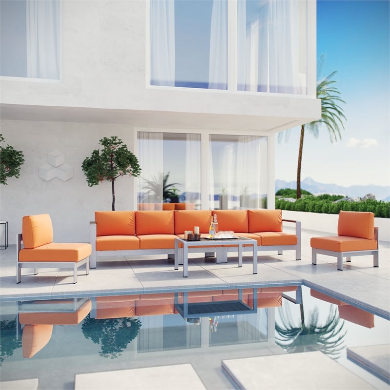 Modway Shore 6-Piece Outdoor Patio Aluminum Sectional Sofa Set in Silver/Orange