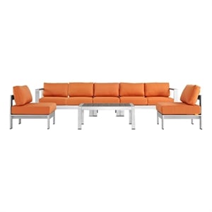 Modway Shore 6-Piece Outdoor Patio Aluminum Sectional Sofa Set in Silver/Orange