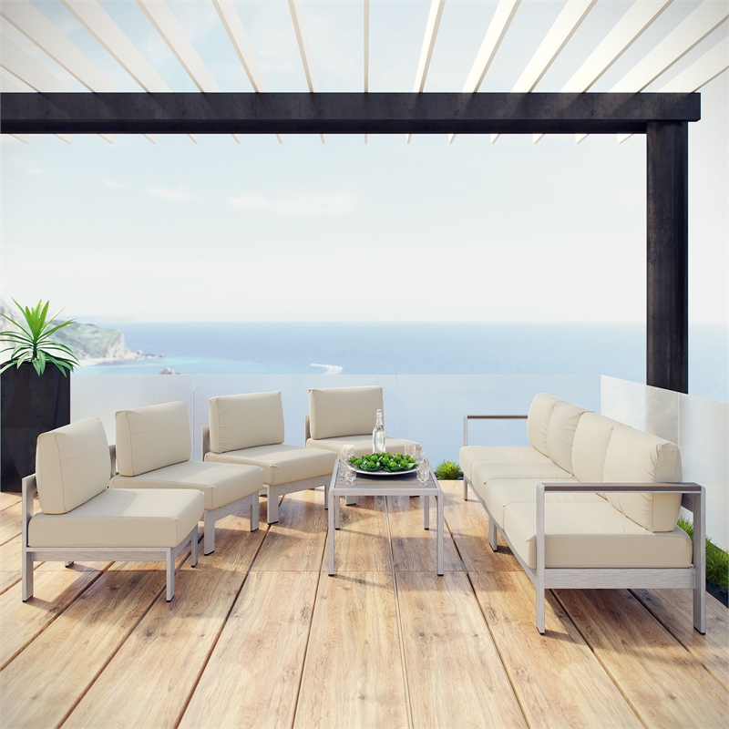 Modway Shore 7-Piece Aluminum Fabric Patio Sectional Sofa Set in Silver/Beige