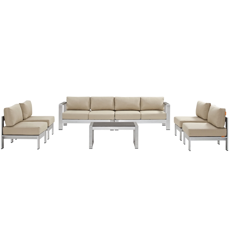 Modway Shore 7-Piece Aluminum Fabric Patio Sectional Sofa Set in Silver/Beige