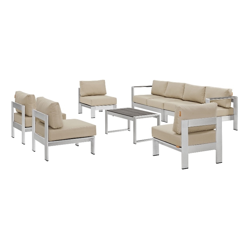 Modway Shore 7-Piece Aluminum Fabric Patio Sectional Sofa Set in Silver/Beige