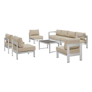 Modway Shore 7-Piece Aluminum Fabric Patio Sectional Sofa Set in Silver/Beige