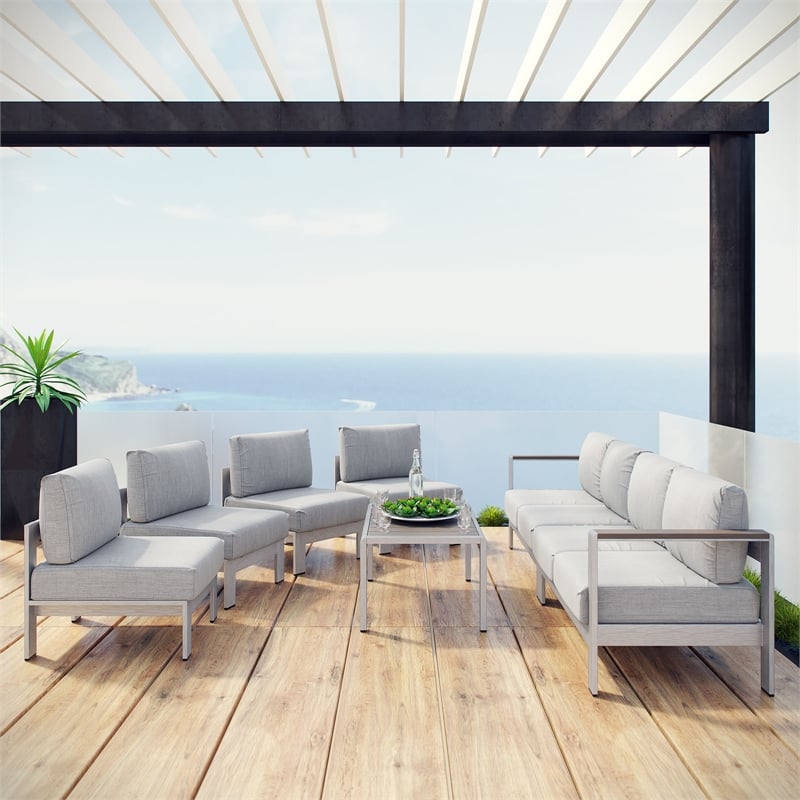 Modway Shore 7-Piece Aluminum Fabric Patio Sectional Sofa Set in Silver/Gray