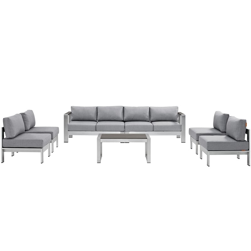 Modway Shore 7-Piece Aluminum Fabric Patio Sectional Sofa Set in Silver/Gray