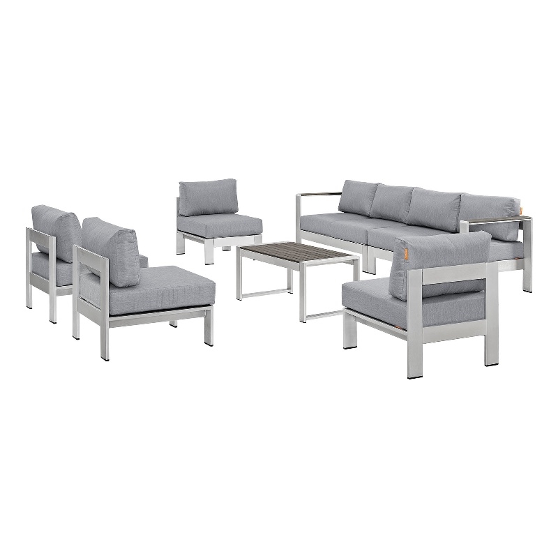 Modway Shore 7-Piece Aluminum Fabric Patio Sectional Sofa Set in Silver/Gray