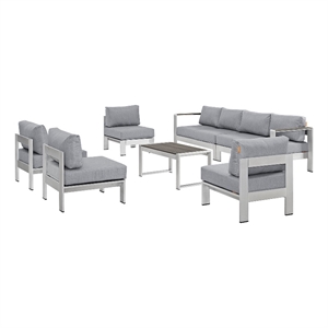 Modway Shore 7-Piece Aluminum Fabric Patio Sectional Sofa Set in Silver/Gray