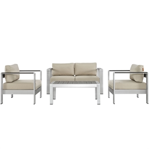 Shore 4 Piece Outdoor Patio Aluminum Sectional Sofa Set in Silver Beige