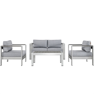 Modway Shore 4-Piece Outdoor Patio Aluminum Sectional Sofa Set in Silver/Gray