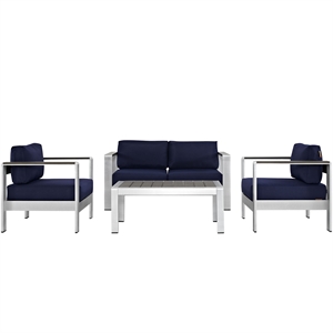 Modway Shore 4-Piece Outdoor Patio Aluminum Sectional Sofa Set in Silver/Navy