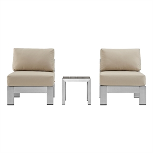 Modway Shore 3-Piece Outdoor Patio Aluminum Sectional Sofa Set in Silver/Beige