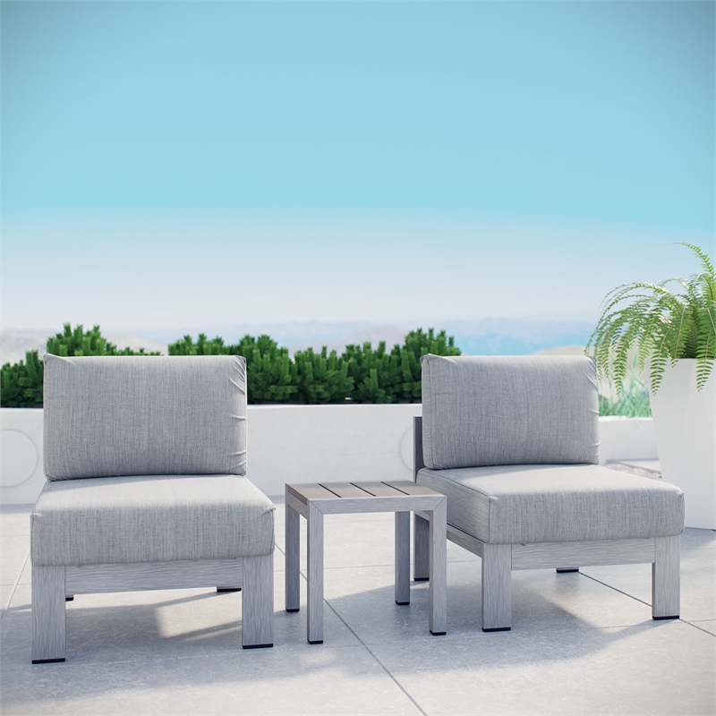 Modway Shore 3-Piece Outdoor Patio Aluminum Sectional Sofa Set in Silver/Gray