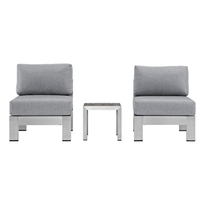 Modway Shore 3-Piece Outdoor Patio Aluminum Sectional Sofa Set in Silver/Gray