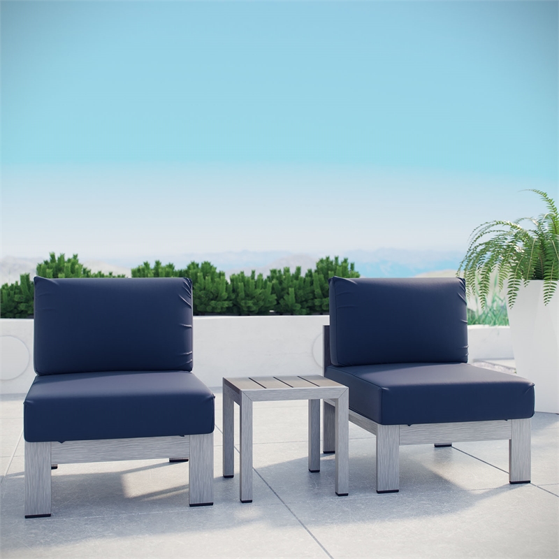 Modway Shore 3-Piece Outdoor Patio Aluminum Sectional Sofa Set in Silver/Navy