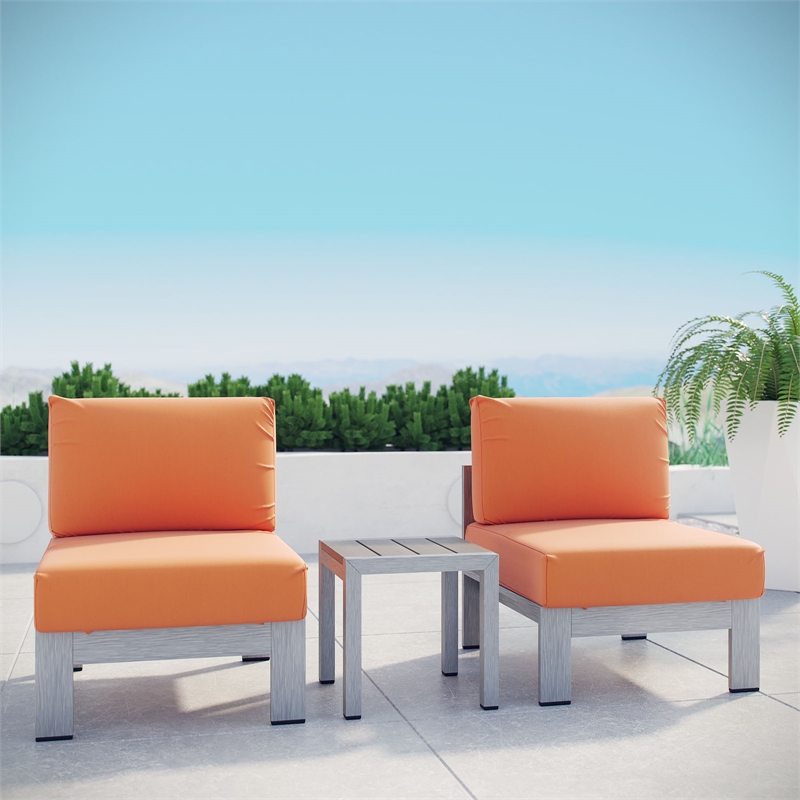 Modway Shore 3-Piece Outdoor Patio Aluminum Sectional Sofa Set in Silver/Orange