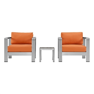 modway shore 3 piece outdoor patio aluminum sectional sofa set in silver orange