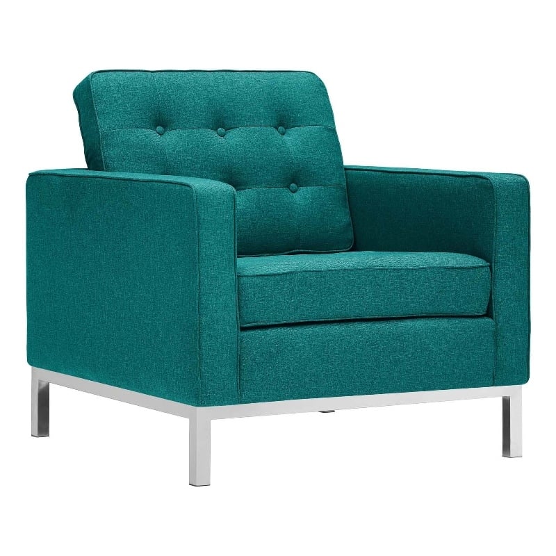 Modway Loft Stainless Steel and Upholstered Fabric Armchair in Teal Blue