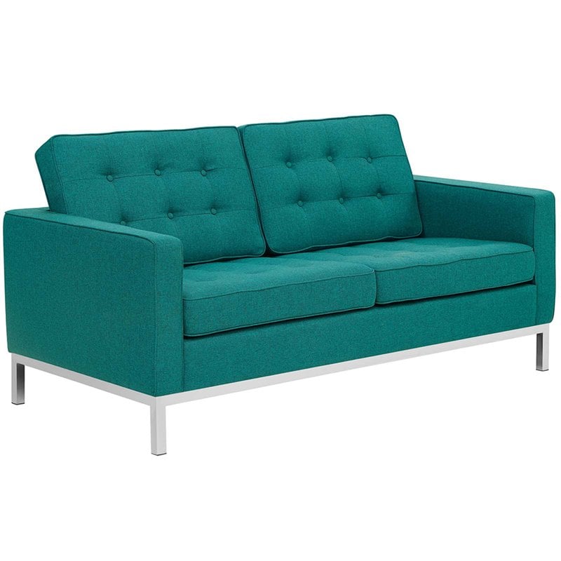 Modway Loft Stainless Steel and Upholstered Fabric Loveseat in Teal Blue