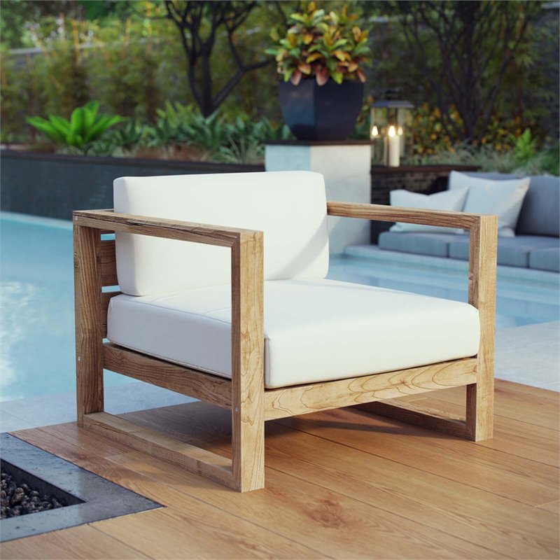 Modway Upland Solid Teak Wood Outdoor Patio Armchair in Natural/White
