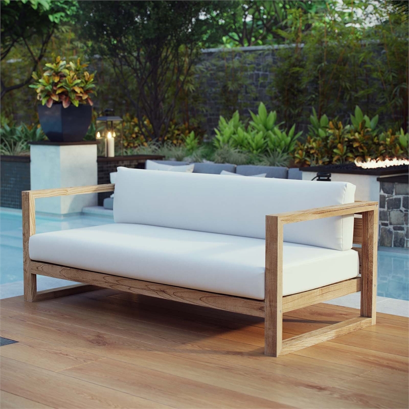 Modway Upland Solid Teak Wood Outdoor Patio Sofa in Natural/White
