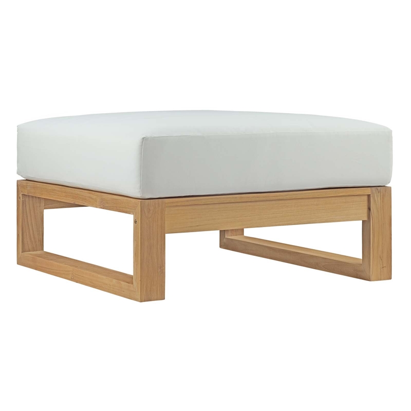 Modway Upland Solid Teak Wood Outdoor Patio Ottoman in Natural/White