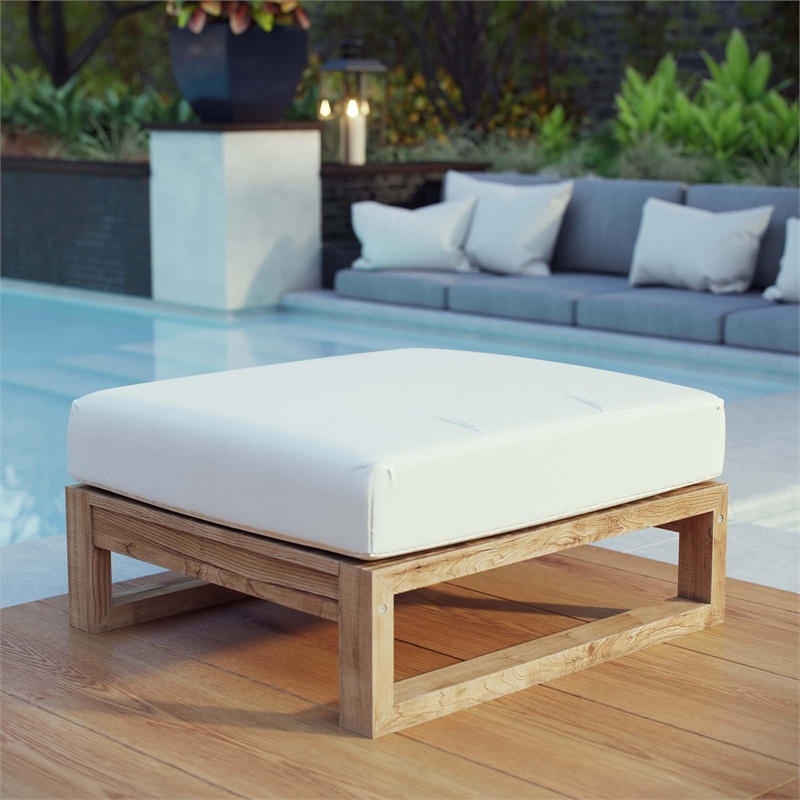 Modway Upland Solid Teak Wood Outdoor Patio Ottoman in Natural/White
