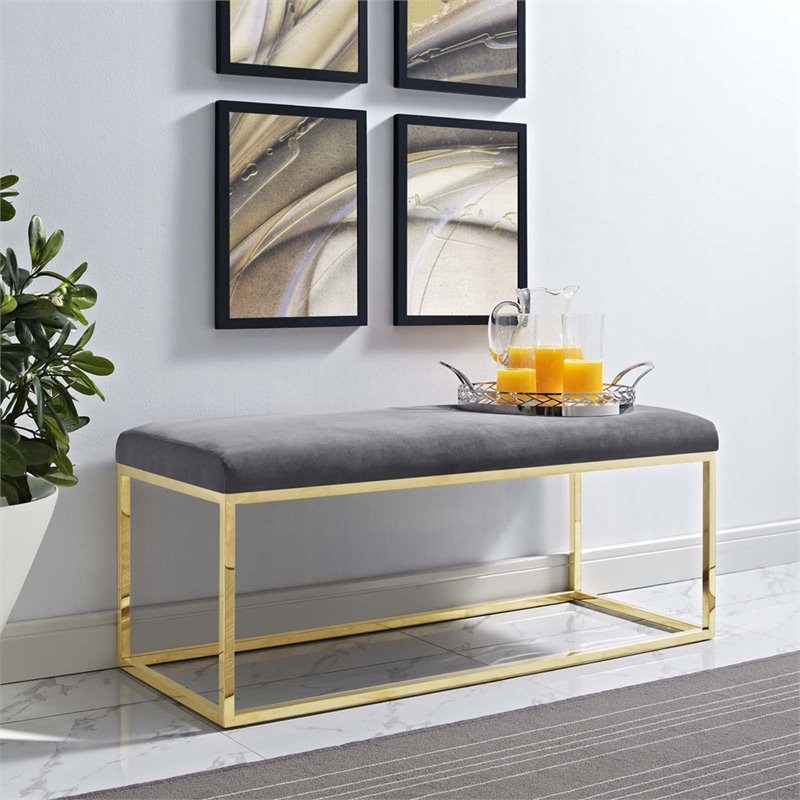 Modway Anticipate Velvet & Stainless Steel Bedroom Bench in Gold and Gray
