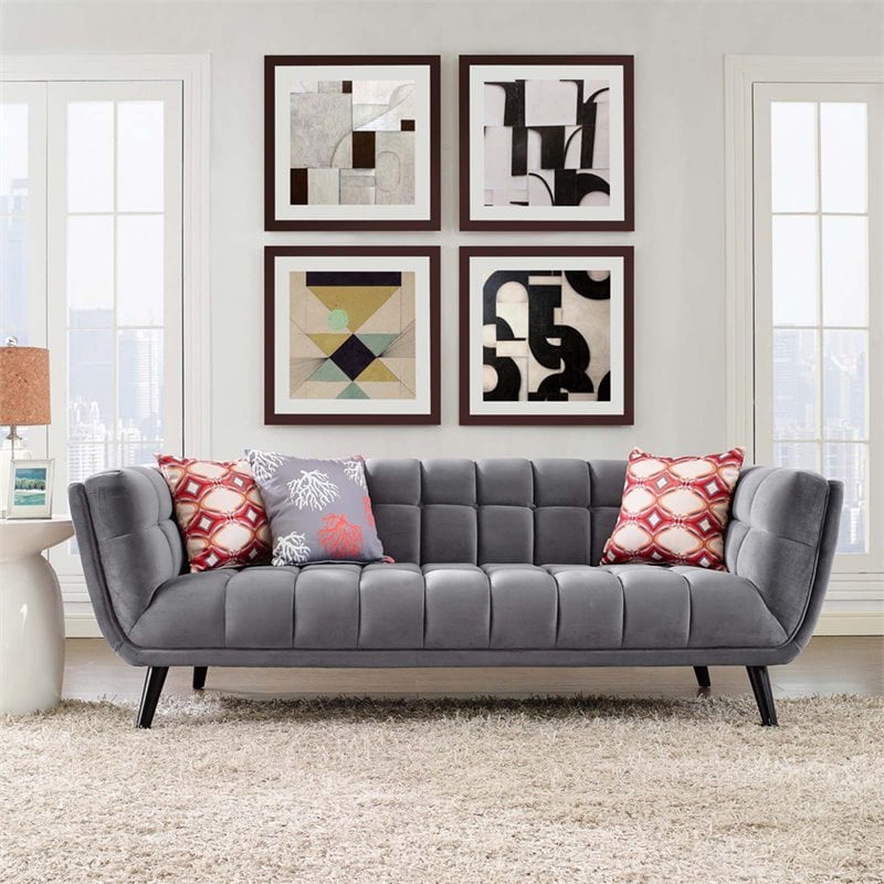 Modway Bestow Modern Style Performance Velvet Sofa in Gray Finish