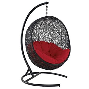 modway encase outdoor patio rattan swing lounge chair in red/black