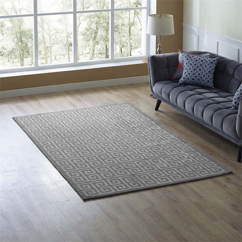 Modway Freydis Greek Key 5' x 8' Area Rug in White and Light Gray