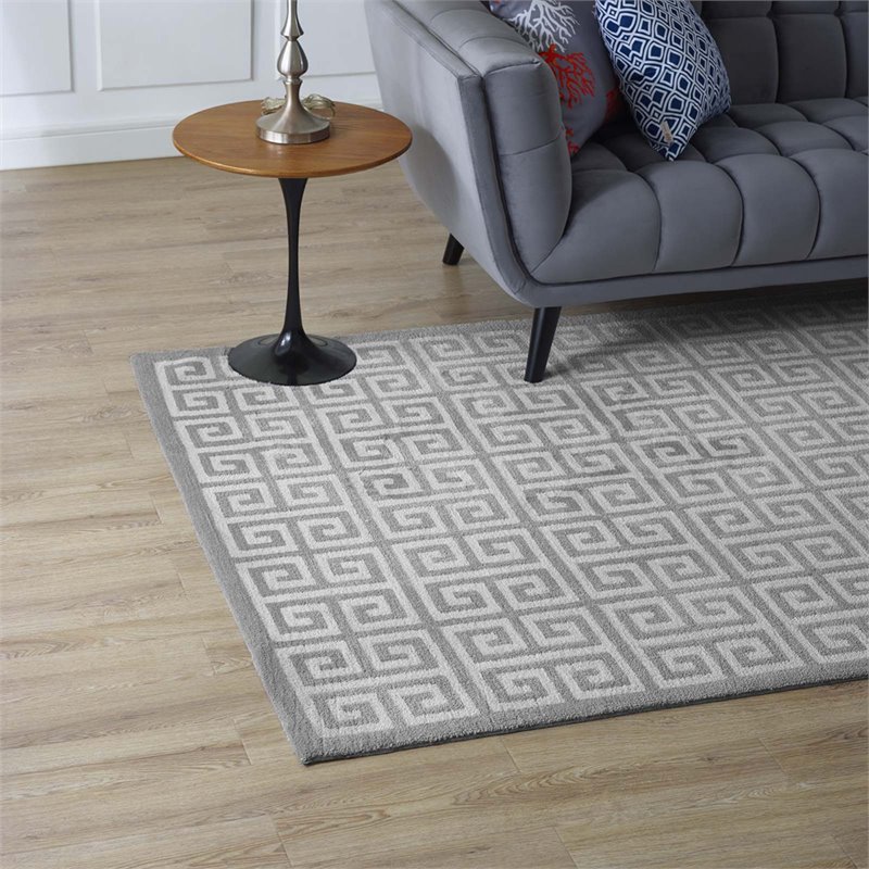 Modway Freydis Greek Key 8' x 10' Area Rug in White and Light Gray