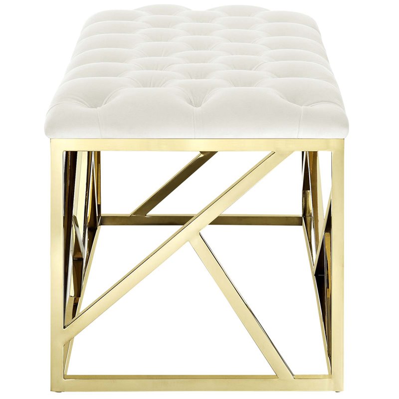 Modway Intersperse Tufted Velvet Polyester Bench in Gold and Ivory
