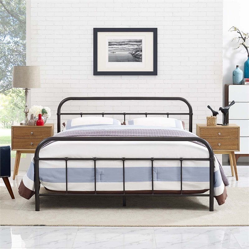 Modway Maisie Queen Powder Coated Sturdy Steel Bed Frame in Brown