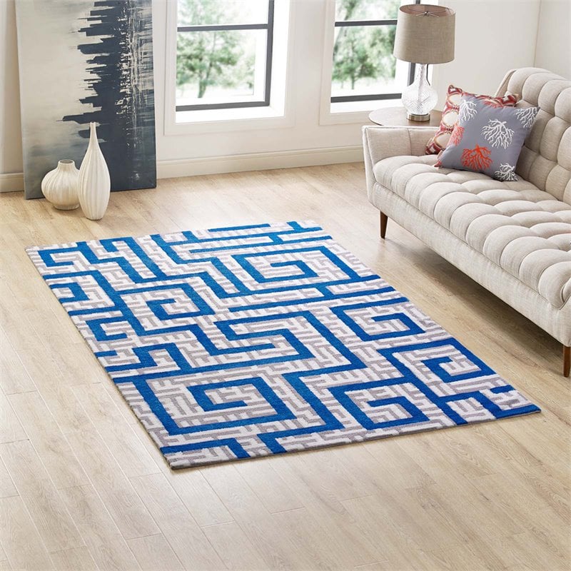 Modway Nahia Geometric Maze 5' x 8' Area Rug in Ivory and Blue