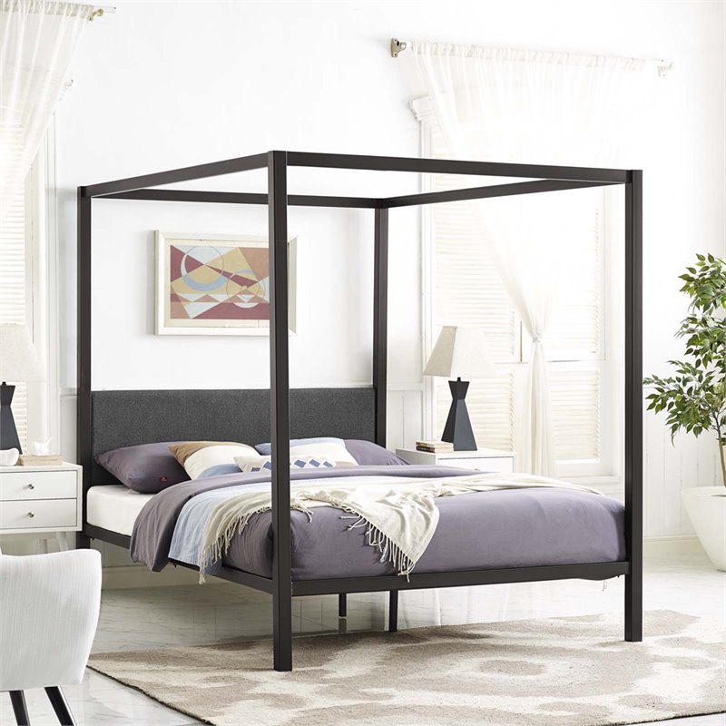 Modway Raina Powder Coated Sturdy Steel Queen Canopy Bed Frame in Brown/Gray