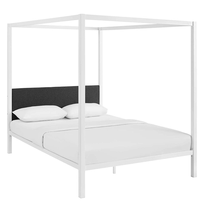 Modway Raina Powder Coated Sturdy Steel Queen Canopy Bed Frame in White/Gray
