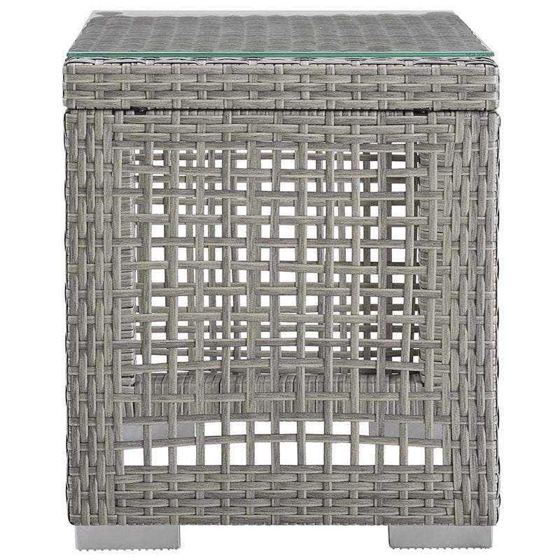 Modway Aura Rattan & Glass Top Patio End Table in Gray Finish