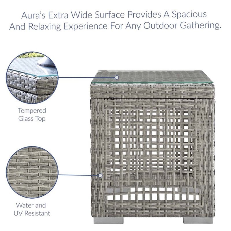 Modway Aura Rattan & Glass Top Patio End Table in Gray Finish